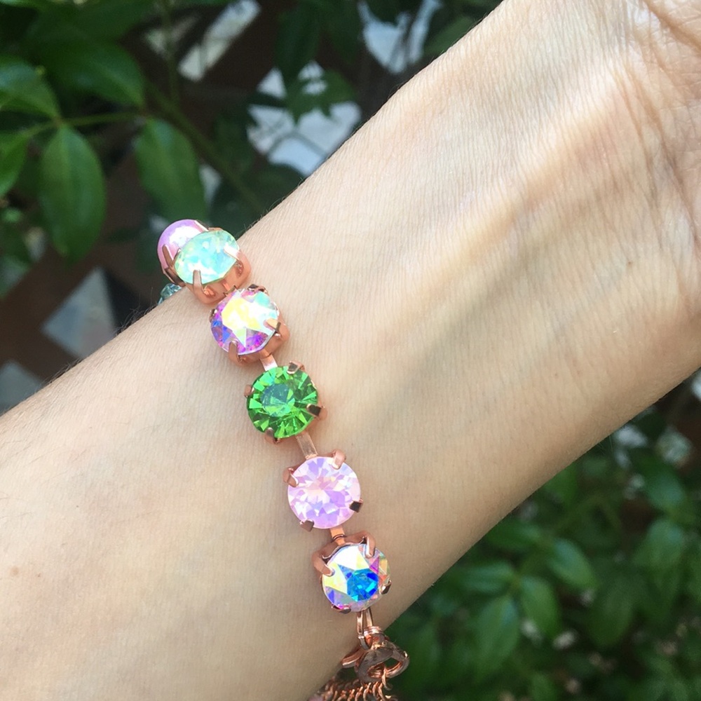 Pink Opal Aurora Borealis + Peridot Dragonfly Charm Crystal Tennis Bracelet - Picture 5 of 16